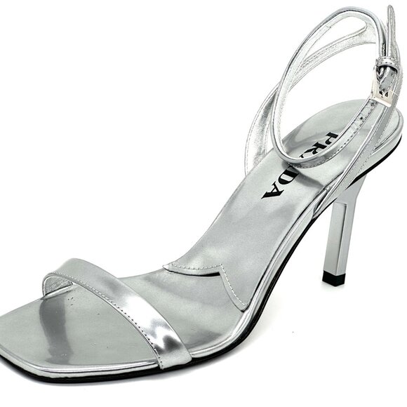 PRADA Metallic Leather Logo Triangle Heel Ankle Strap Sandals Heels Shoes - Picture 15 of 15